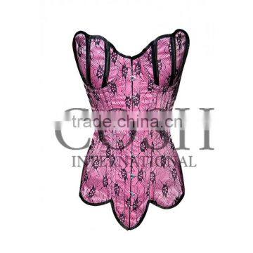 Overbust Pink Satin With Black Mesh Steel Boned Waist Training Corset Ci-1144