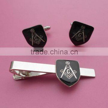 customized shield shape masonic cufflink and tie bar set