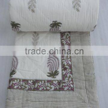 Indian Hand Block Print Pure White Kantha Cotton Quilt