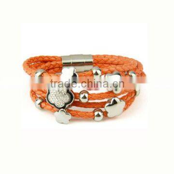 Multi layer flower charms stainless steel handmade leather bracelet designs leather bracelets with magetic clasp (LB2066-1)