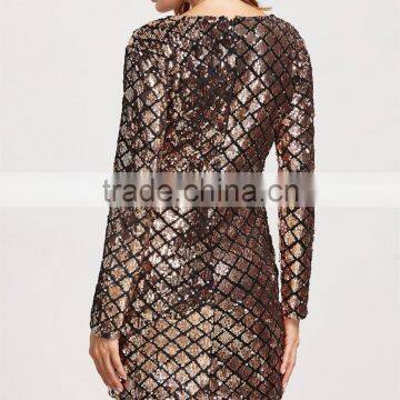 OEM Service Fashion Luxury Long Sleeve Mini Dress Deep V Neck Bodycon Dress Gold Beaded Sequins Club Dresses For Adults photo-5