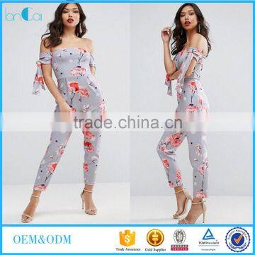 2017 Latest adult custom printed off shoulder 3/4 sleeve jumpsuit