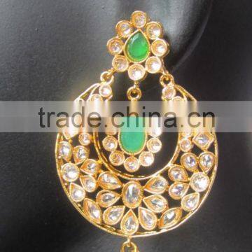 Dangler CHAND BALI EARRINGS TIKA GREEN POLKI Gold Tone EARRINGS photo-2