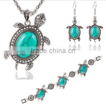 Retro Alloy Turquoise Tortoise Jewelry Sets Earring Statement Pendant Chain Chocker Necklace Set With Bracelets