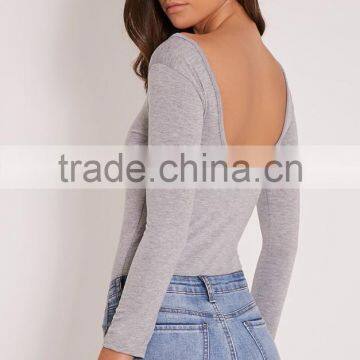 Custom Size One Piece Plain Jumpsuit Long Sleeve Basic Grey Scoop Neck Thong Bodysuit photo-2