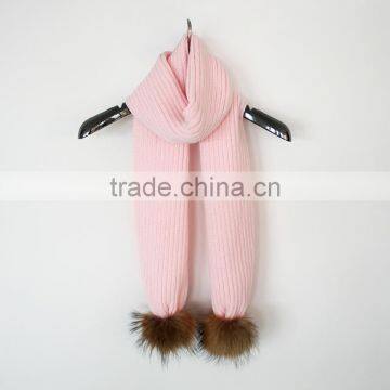 Myfur Wholesale Women's Baby Pink Custom Design Scarf With Raccoon Fur Pompom