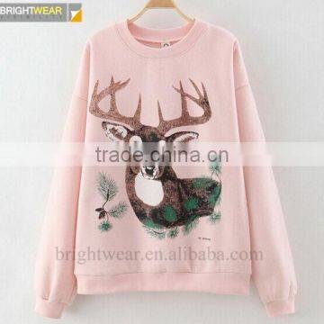 Fleece pullover sweatshirt with animal printing for women