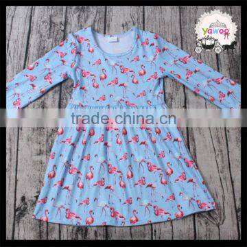 Lovely Design Wholesale Flamingo Print Long Sleeve Children Boutique Dress Fall Spring Designer Baby Clothes Smock Outfits Dress