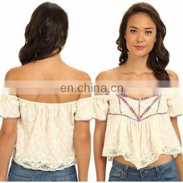 2014 Hot Sale Off-Shoulder Beige Printed Lace Woman Crop Tops