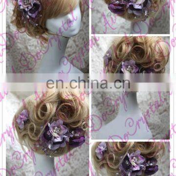 Aidocrystal Lilac Lace Flower Rhinestone Flower Headband Bridal Fascinators photo-2