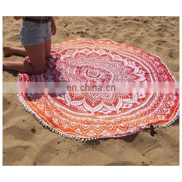 72" Indian Roundie Round Orange Ombre Pom Pom Mandala Hippie Tapestry Beach Throw Towel Yoga Mat Bohemian