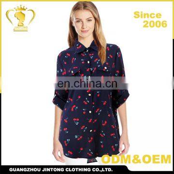 Custom roll tab sleeve latest ladies blouse designs , korean fashion long top shirt