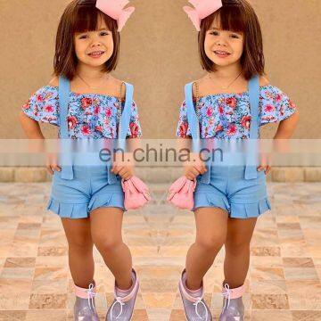 Infantil Toddler Girl Clothes Off Shoulder Floral Tops & blue Suspender Shorts Outfits Sets Vetement Enfant Fille