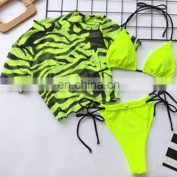 Women Brazilian 3pcs-set Sexy Print Micro Bottom String Beach Bikini Lady Half Sleeve Swimwear Mujer High Waist Padded Swimsuit