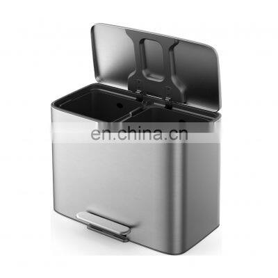 NewIcon Recycling bin 2 Compartments 56L Stainless Steel Trash Bin Recycling Kitchen Household Recycle Bin