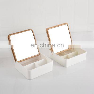 Desktop bamboo makeup organizer storage box with mirror