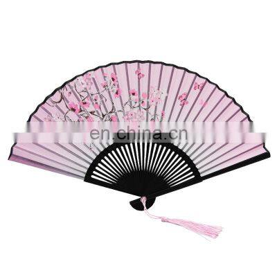 Custom Decorations Single-sided Folding fan bamboo Silk Cloth Lady Fan with Tassels