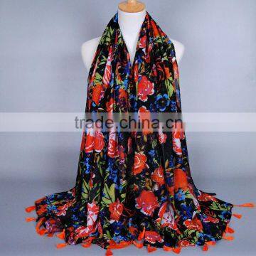 Latest Design Long Twill Tassel Peony Printed Women Muslim Scarf