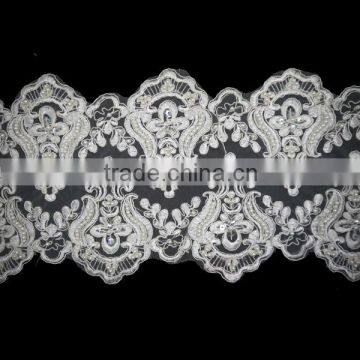 Custom Eco-friendly Cord Beaded White Bridal Embroidered Tulle Lace Fabric PJ025 photo-2