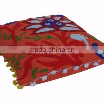 Suzani Embroidered Cushion Cover Boho Throw Indian Pom Pom Pillow Cases 16x16 photo-5