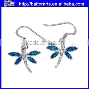 Hawaiian Silver Jewelry 925 Silver Rhodium Synthetic Blue Opal Dragonfly Dangle Earring