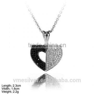 PZL-0006B Woman Pendant Heart Silver Pendant White and Black CZ Stones