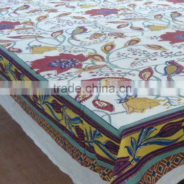 Flower Bird Vanilla Cotton Hand Block Printed Cotton Tablecloth