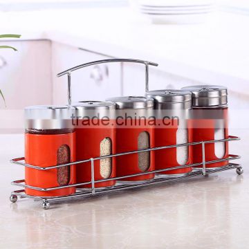 Red Color 90ml Glass Salt Jar Set With Stainless Steel Shelf