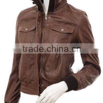 Women's Leather Bomber Jacket in Brown: