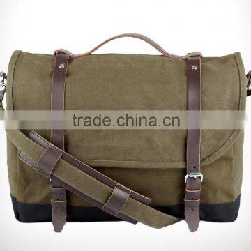 Custom olive waxed canvas mens laptop messenger with leather trim