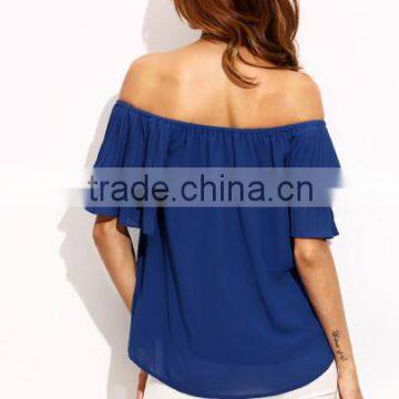 Blouses Latest Fashion Design Women Clothing Royal Blue Pleated Sleeve Off The Shoulder Blouse photo-4