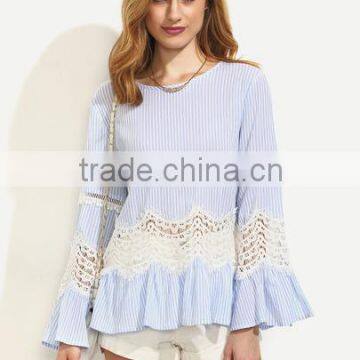 Blouses Latest Fashion Design Women Clothing Blue Striped Hollow Insert Bell Sleeve Blouse photo-6