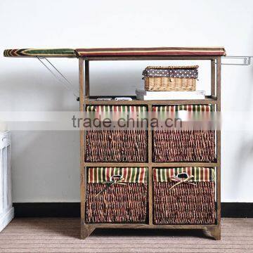 Paulownia wood ironing board cabinet with wicker basket