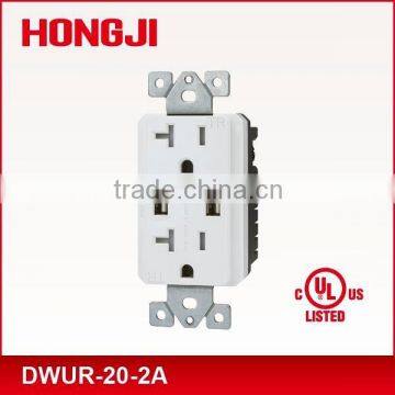 2.1A 5VDC IN WALL dual USB Charger with duplex 20A Tamper Resistant receptacle in white