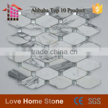 Hot sale octagon carrara white marble and crystal diamond glass mix mosaic for wall and backsplash