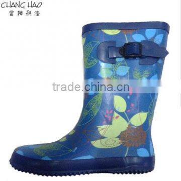 Women cheap nature rubber rain boot bule fround has leaf printed with hasp