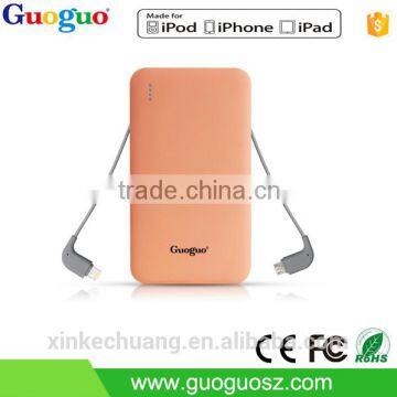 2016 super slim polymer batteries integrated cable Power Bank 5000mah