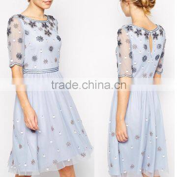 Elegant tulle fashion beaded light blue young girls casual dress