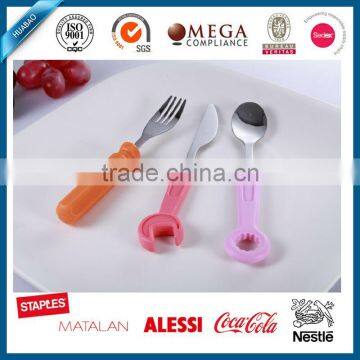 Hot selling Durable Stainless Steel Baby Cutlery Set spoon and Fork HB-69030 Set Plastic Handle