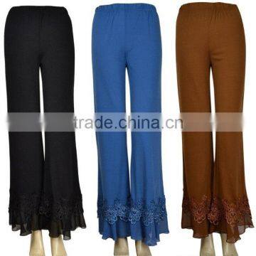 Adult Linen Cotton Casual Pants Embroidered Silk-Blend Crochet Lace Trim Palazzo Pants For Ladies