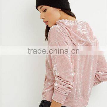 MGOO Women Plain Shell Pink Velvet Cropped Hoodie With Drawstrings Front Pocket Fitness Pullover