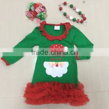 Baby solid green girls Chirstmas santa clause Dress with matching hair bows and chunky necklace set