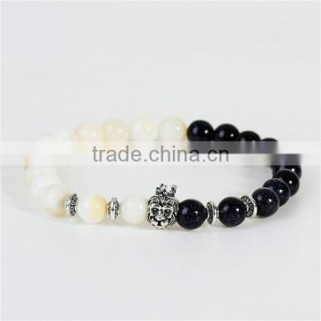 New Fashion Black & White Antique Silver Monkey Head Elastic Stone Lava Blue Sand Beaded Healing Bracelet