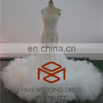 High End Custom HMY-E0085 One Shoulder Lace Bodice Goegeous Wedding Dress with Layered Tulle Royal Train