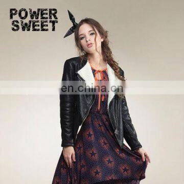 winter lamb wool thicken PU leather short length slim fit coats