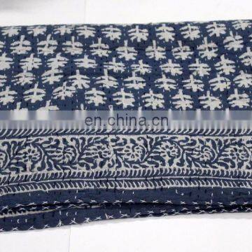 Village Women Made Kantha Bed Cover Indigo Dye Kantha Quilts Hand Quilted Throw photo-2