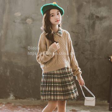 Long Sleeve Knitted Sweater Plaid Vest Skirt photo-2