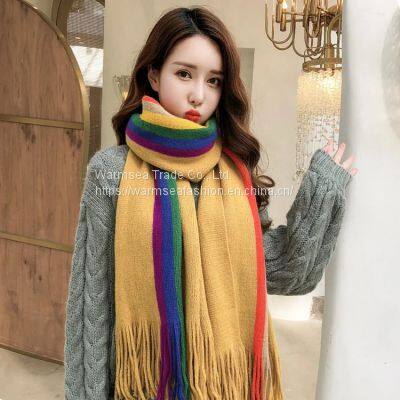 Scarf female autumn and winter models rainbow striped scarf student cute Korean version of wild thickened warm cashmere knitting wool