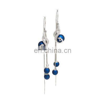 925S Long drop blue  crystal rhinestone tassel earrings for women