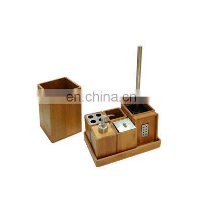 Простой круглый держатель для туалетной щетки и дозатор мыла из бамбука и нержавеющей стали, туалетные аксессуары, набор для ванной комнаты photo-3